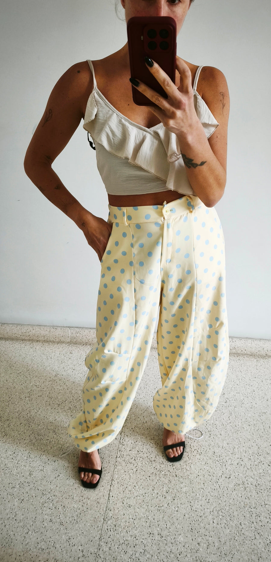Pantalón bombacho amarillo topo azul
