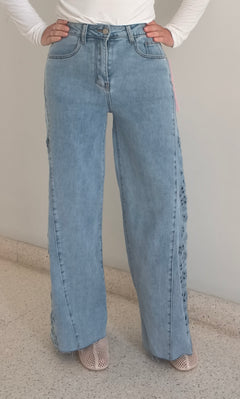 Jean wide leg elástico bordado