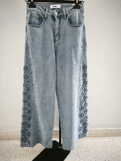 Jean wide leg elástico bordado